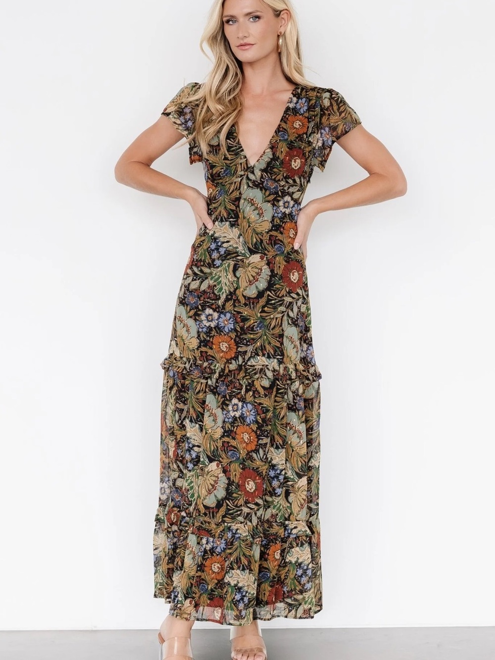 Floral V-Neck Maxi Dress in Multicolor